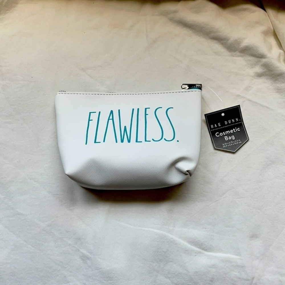 White and teal Rae Dunn cosmetic bag